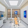 Modern Dental Clinic Interior With 4.0 Sign White Cabinets Treatment Chair And Blue Poster