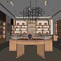 Elegant Jewelry Store Interior With Round Display Counter Wooden Shelves And Hanging Chandelier