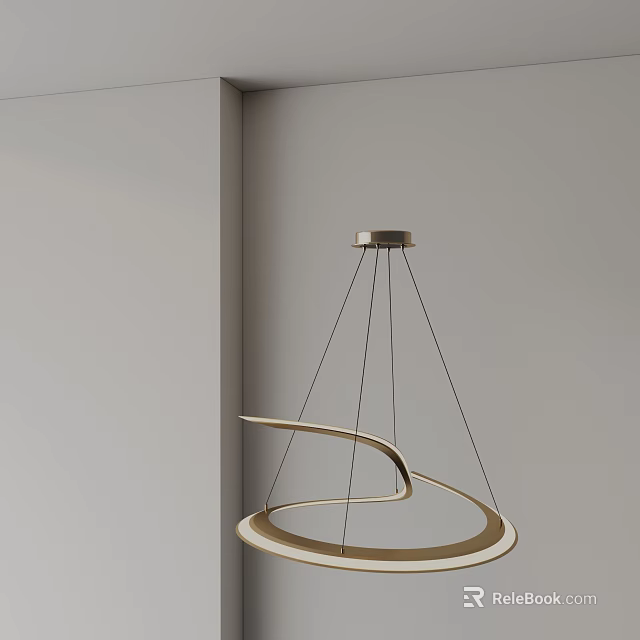 Modern Spiral Chandelier with Curved Golden Metal Structure in Minimalist Gray Wall Interior 3d model 
