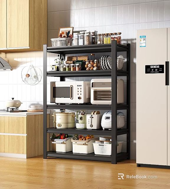 Modern Kitchen Storage Shelf With Microwave Oven Toaster Jars And Fruit Baskets 3d model 