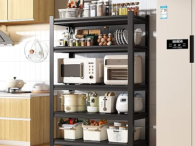 Modern Kitchen Storage Shelf With Microwave Oven Toaster Jars And Fruit Baskets 3d model