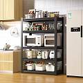 Modern Kitchen Storage Shelf With Microwave Oven Toaster Jars And Fruit Baskets
