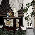 Vintage Wooden Dresser With Floral Painted Decorative Vase Lamp Photo Frame By Window Potted Plant