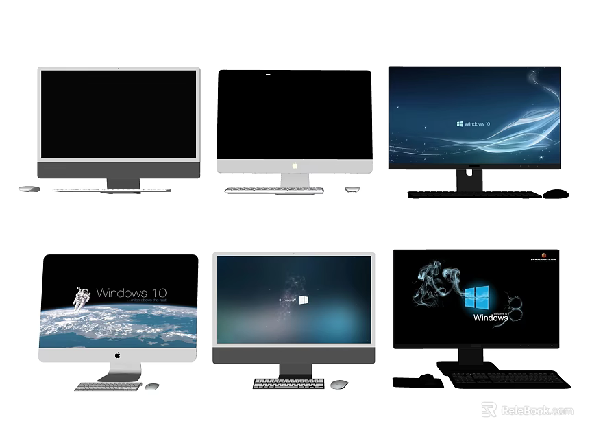 Various Computer Monitors With Different Display Screens And Desktop Designs 3d model 