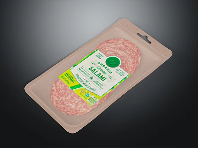 Organic Sliced Salami Packaged in Paper Tray With Green Logo Label 3d model