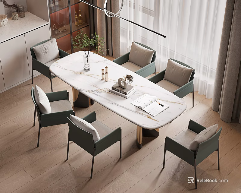 Elegant Modern Dining Table Set With Marble Tabletop Green Chairs And Decorative Vase 3d model 