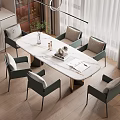 Elegant Modern Dining Table Set With Marble Tabletop Green Chairs And Decorative Vase 3d model