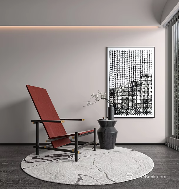 Modern Red Single Chair With Black Frame Near Decorative Painting And Vase On Rug 3d model 