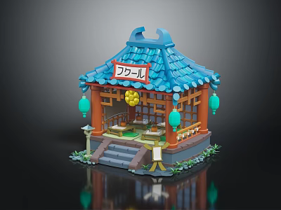 Traditional Japanese Architecture With Blue Tile Roof Flower Sign And Green Lanterns 3d model