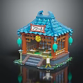 Traditional Japanese Architecture With Blue Tile Roof Flower Sign And Green Lanterns