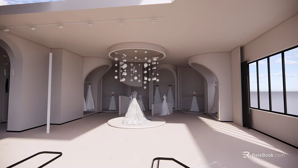 Bridal Shop Showcasing Elegant White Wedding Dresses Circular Chandelier And Arched Doorways 3d model 
