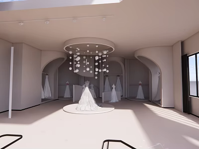 Bridal Shop Showcasing Elegant White Wedding Dresses Circular Chandelier And Arched Doorways 3d model