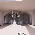 Bridal Shop Showcasing Elegant White Wedding Dresses Circular Chandelier And Arched Doorways