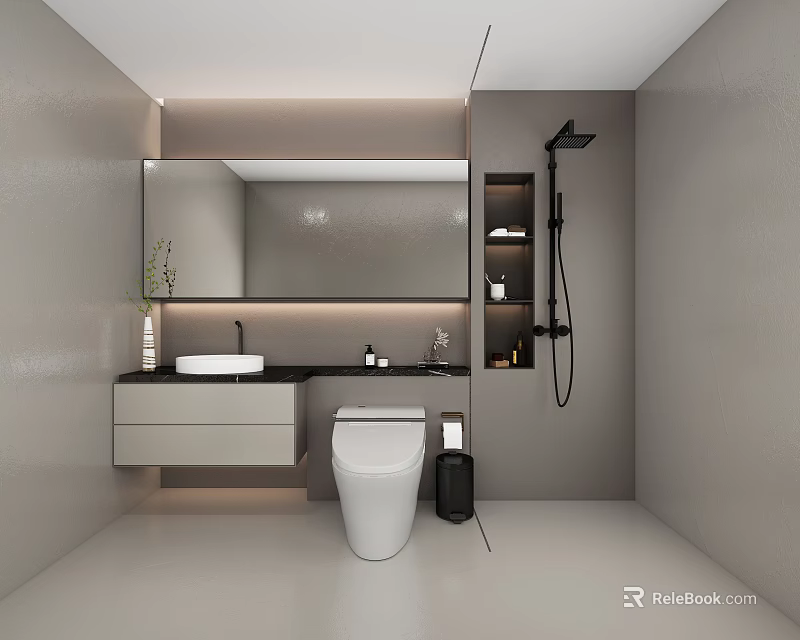 Modern Minimalist Bathroom Interior With Neutral Gray Vanity Mirror Shower And Storage Shelves 3d model 