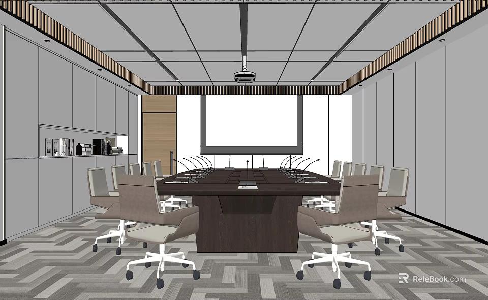 Modern Conference Room Interior Design with Large Table Projector Screen And Comfortable Chairs 3d model 