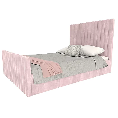 Cozy Pink Upholstered Kids Bed With Pleated Headboard Soft Pillows And Gray Blanket 3d model