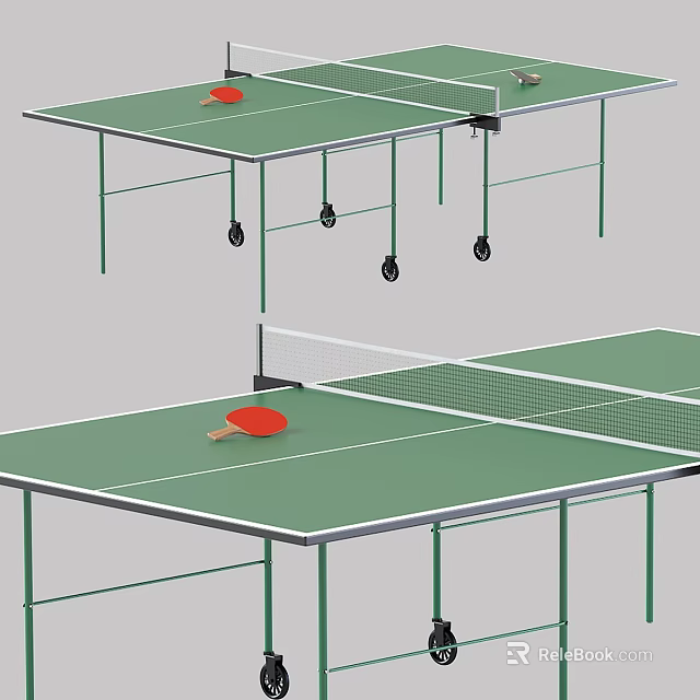Two Green Ping Pong Tables With Net Red Paddle And Rolling Wheels Setup 3d model
