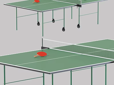 Two Green Ping Pong Tables With Net Red Paddle And Rolling Wheels Setup 3d model