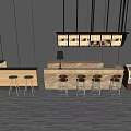 Stylish Bar Counter With Wooden Surface High Stools And Wall Decor Elements 3d model