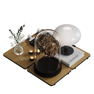 Elegant Decorative Ornament Set With Glass Cloche Flowers Vase Candles And Books On Wooden Tray 3d model