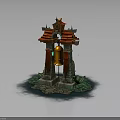 Traditional Chinese Architectural Structure With Red Tiled Roof Golden Bell Green Plants And Water Base