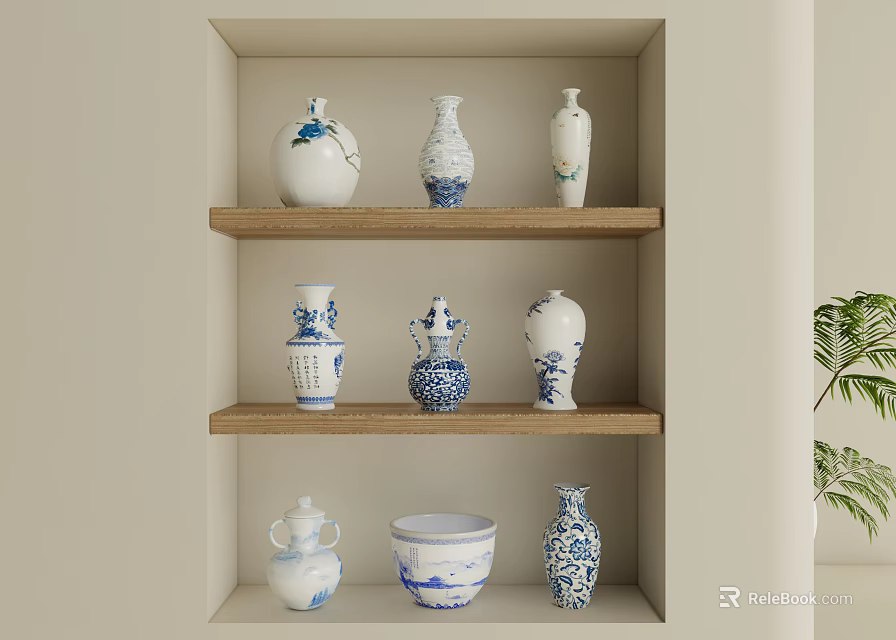 Traditional Ceramic Vessels With Blue White Patterns Displayed On Wooden Shelves For Home Decor 3d model 