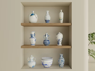 Traditional Ceramic Vessels With Blue White Patterns Displayed On Wooden Shelves For Home Decor 3d model