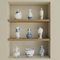 Traditional Ceramic Vessels With Blue White Patterns Displayed On Wooden Shelves For Home Decor