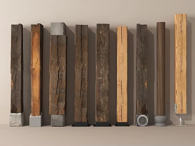Various Rustic Wooden Columns With Diverse Textures And Metal Bases 3d model