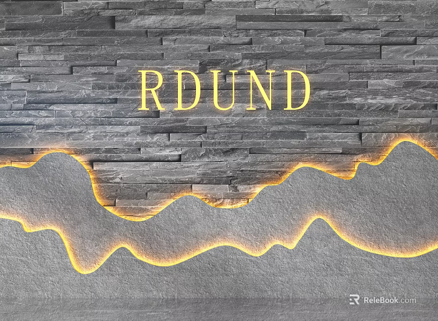Gray Stone Background Wall with Gold RDUND Lettering and Yellow Wavy LED Strip 3d model 