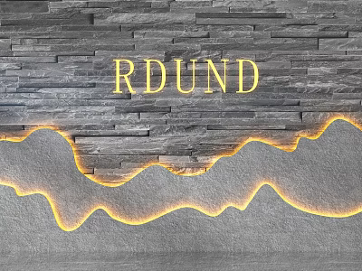 Gray Stone Background Wall with Gold RDUND Lettering and Yellow Wavy LED Strip 3d model