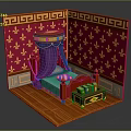 Red Walled Interior Scene With Gold Fleur De Lis Patterns Canopy Bed And Wooden Floor
