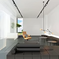 Modern Hotel Lobby Lounge With Black Sofa And Hanging Lamp