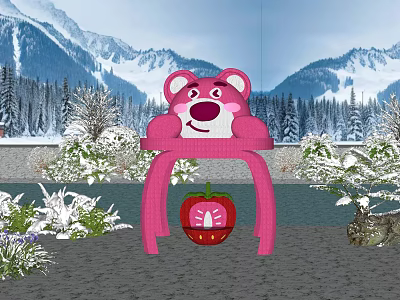 Pink Bear Shaped Chair With Red Strawberry Decoration In Snowy Mountain Forest Scene 3d model
