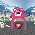 Pink Bear Shaped Chair With Red Strawberry Decoration In Snowy Mountain Forest Scene