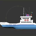 White And Blue Vessel With Upper Deck Red Life Rings And Structure Design