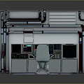 Metallic Industrial Control Panel Station With Chair Display Screens Buttons And Pipes