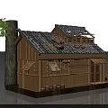 Ancient Traditional Architecture Model With Wooden Structure Tile Roof And Tree Element