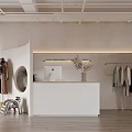Modern Minimalist Clothing Store Interior With White Reception Wooden Hangers Curved Door And Light Flooring