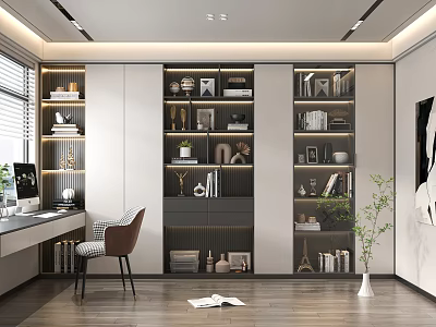 Modern Study Room With Built In Bookshelves Desk Chair And Plant 3d model