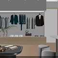 Modern Elegant Clothing Store With Suits Coats Display Racks Wooden Flooring Sofa Coffee Table