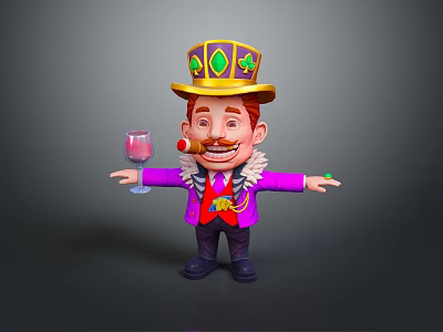 Man Wearing Purple Coat Red Vest Green Jewel Hat Holding Cigar Wine Glass Arms Outstretched 3d model
