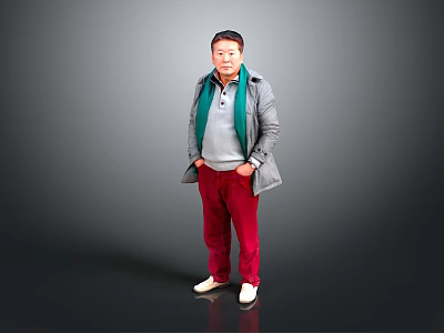 Man Standing With Hands In Pockets Wearing Gray Coat Green Scarf And Red Pants 3d model