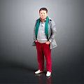 Man Standing With Hands In Pockets Wearing Gray Coat Green Scarf And Red Pants
