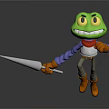 Green Cartoon Game or Movie Character With Big Yellow Eyes Grinning Holding Spear
