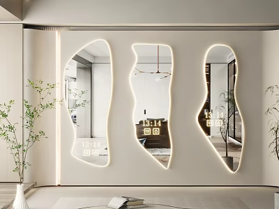Three Irregular LED Lighted Mirrors For Modern Interior Wall Decor With Plant Accent 3d model
