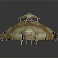 Dual Dome Structure With Brown Beige Textured Surface And Wooden Support Poles