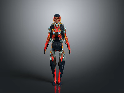 Futuristic Character With Detailed Red Blue Black Biomechanical Armor And Creature Design 3d model