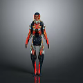 Futuristic Character With Detailed Red Blue Black Biomechanical Armor And Creature Design