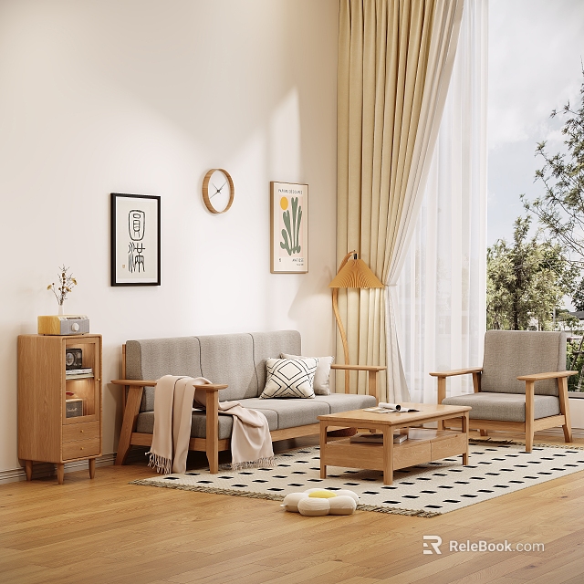Modern Living Room with Gray Sofa Wooden Coffee Table Set and Wooden Armchair Beige Curtains 3d model 